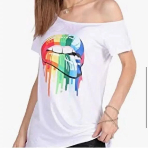 NWOT WHITE WITH RAINBOW LIPS ONESIDE CINCHED OFF ONE SHOULDERTOP SIZE 2X - Picture 15 of 15